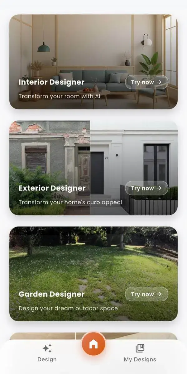 DecorAI AI interior design app interface showing room redesign styles