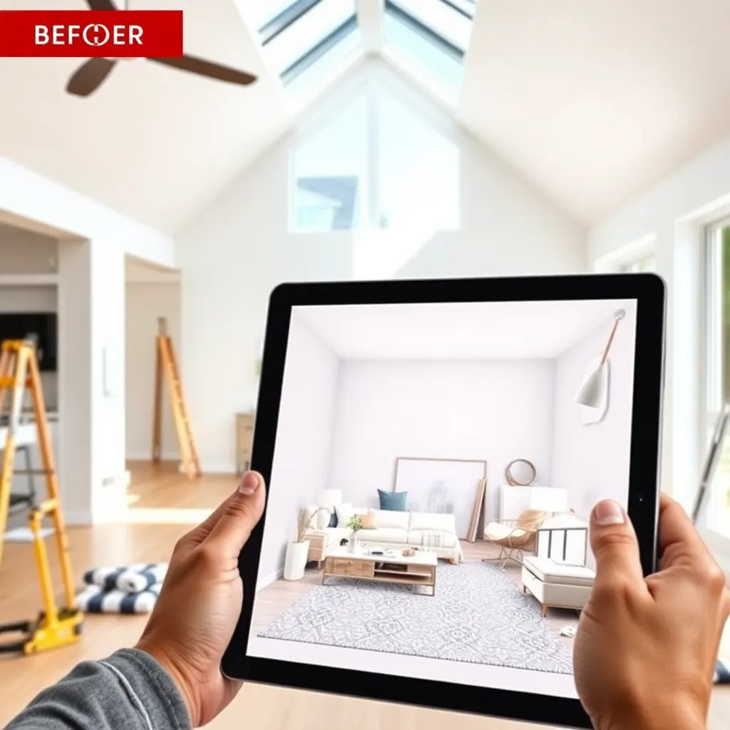 AI home renovation app showing before and after room transformation on tablet
